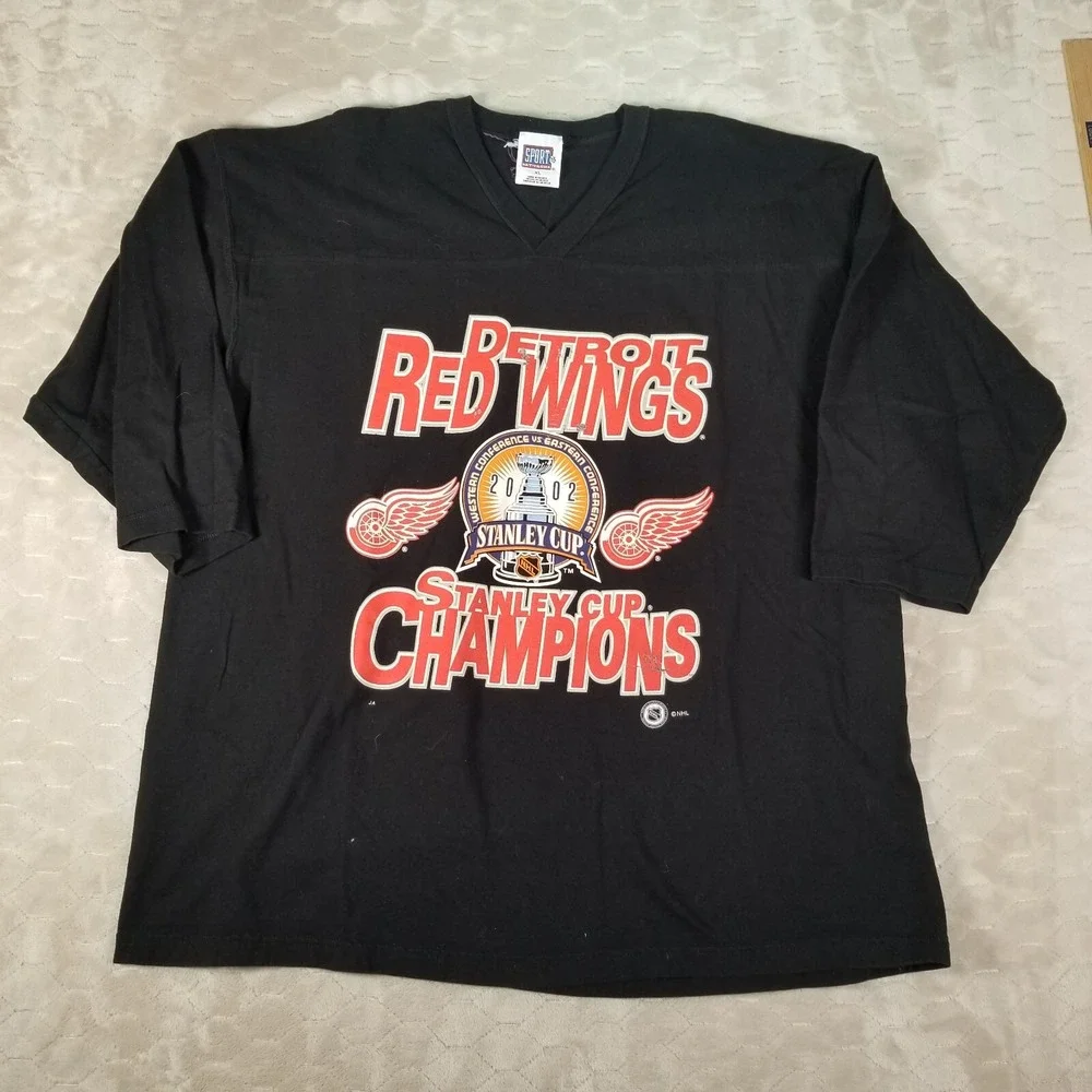 VTG Detroit Red Wings 2002 Stanley Cup Champs Black 3/4 Sleeve Shirt XL Lidstrom - Picture 1 of 10